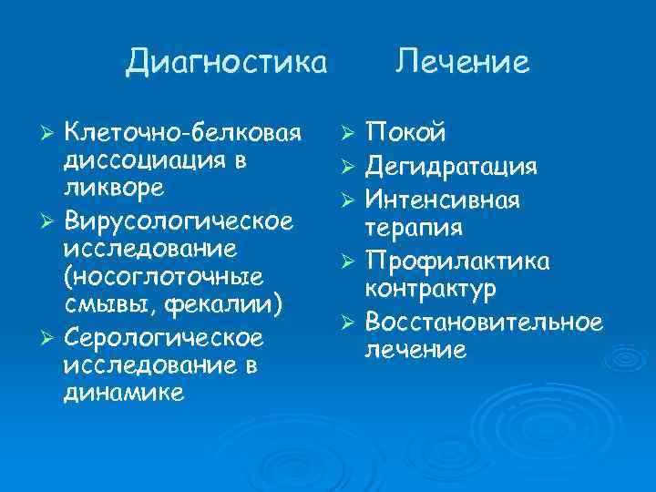  Диагностика   Лечение Ø Клеточно-белковая  Ø Покой  диссоциация в 