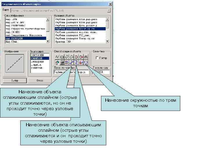   Нанесение объекта сглаживающим сплайном (острые    Нанесение окружностью по трем