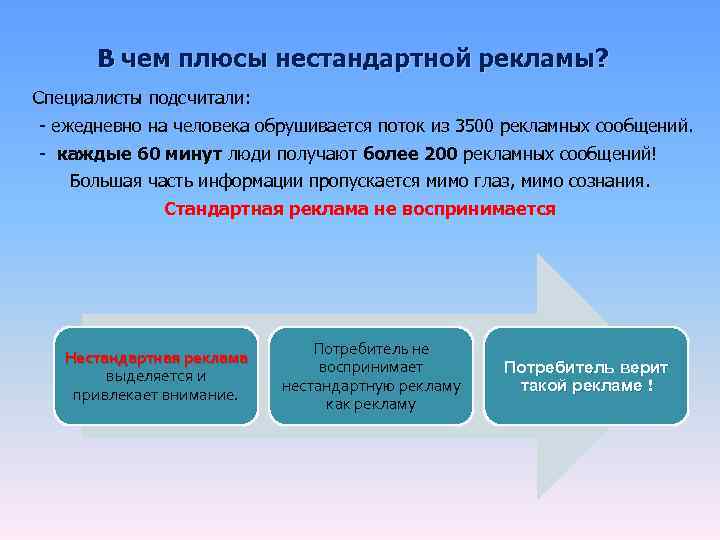  В чем плюсы нестандартной рекламы? Специалисты подсчитали: - ежедневно на человека обрушивается поток