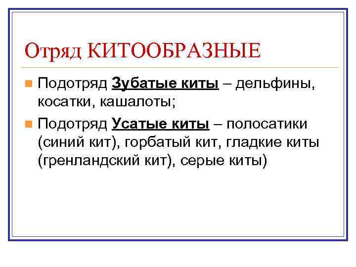 Отряд КИТООБРАЗНЫЕ n Подотряд Зубатые киты – дельфины,  косатки, кашалоты; n Подотряд Усатые