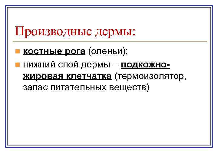 Производные дермы: n костные рога (оленьи); n нижний слой дермы – подкожно-  жировая