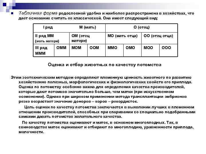 n Табличная форма родословной удобна и наиболее распространена в хозяйствах, что дает основание считать