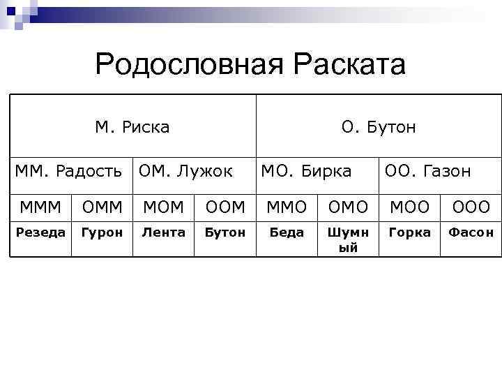 Родословная Раската М. Риска О. Бутон ММ. Радость ОМ. Лужок МО. Бирка ОО. Газон