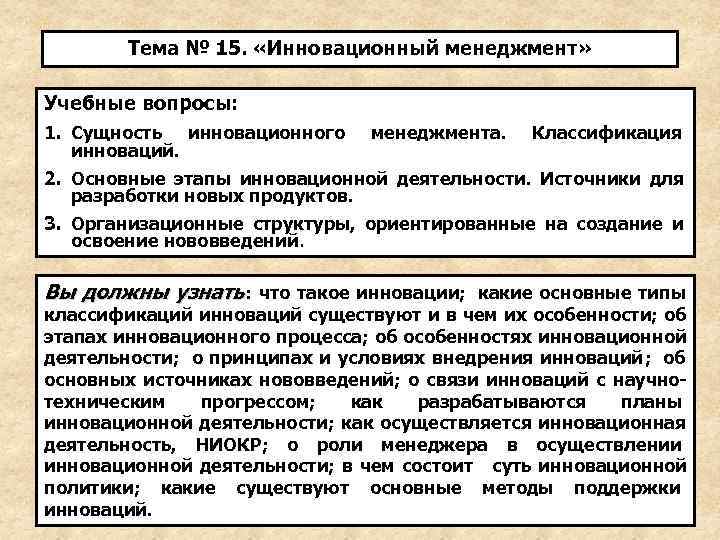   Тема № 15.  «Инновационный менеджмент»  Учебные вопросы: 1. Сущность инновационного