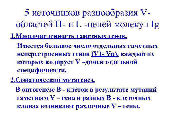 5 источников разнообразия Vобластей Н- и L -цепей молекул Ig 1. Многочисленность гаметных генов.