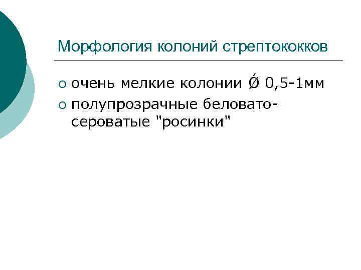 Морфология колоний стрептококков ¡ очень мелкие колонии Ǿ 0, 5 -1 мм ¡ полупрозрачные