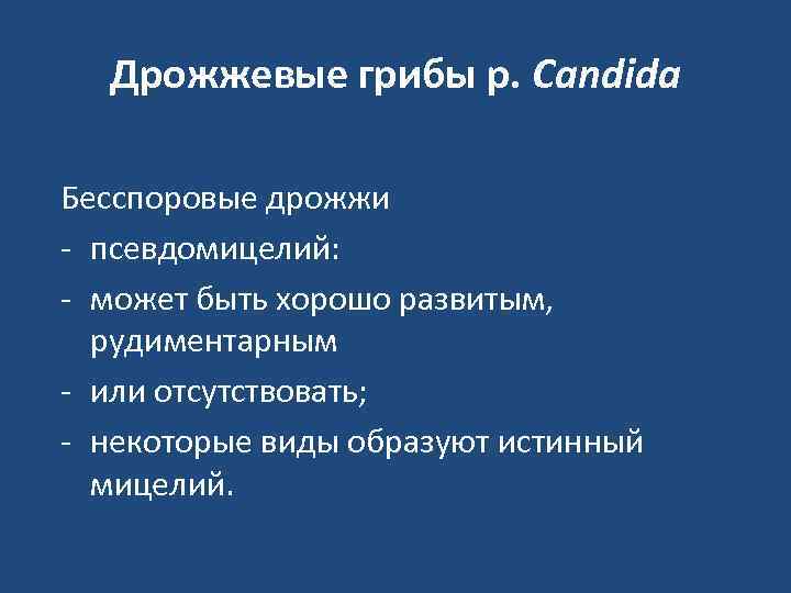 Дрожжевые грибы р. Candida Бесспоровые дрожжи - псевдомицелий: - может быть хорошо развитым,