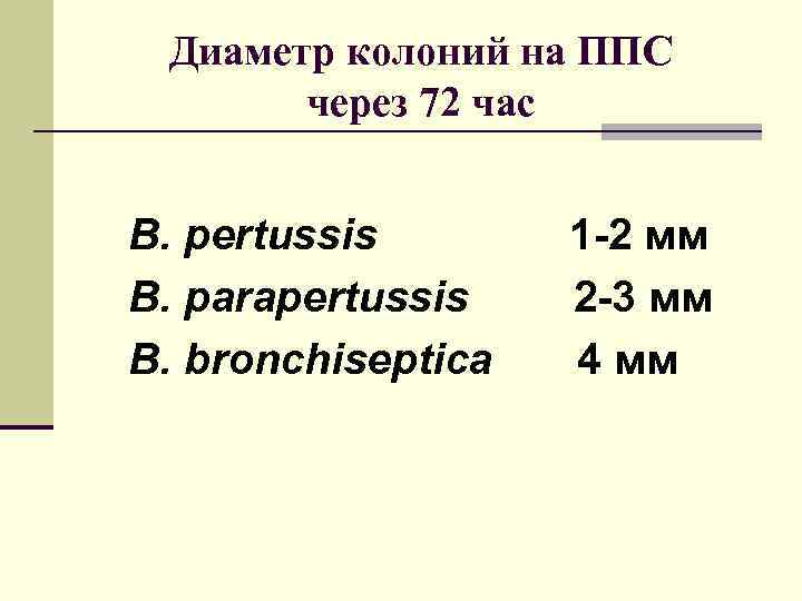  Диаметр колоний на ППС  через 72 час  B. pertussis  1