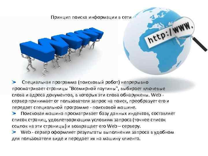     Принцип поиска информации в сети   Специальная программа (поисковый