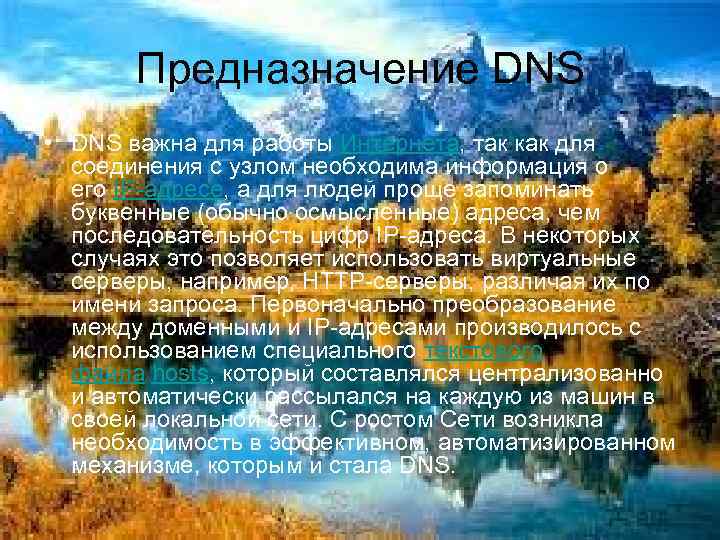 Предназначение DNS • DNS важна для работы Интернета, так как для соединения с узлом