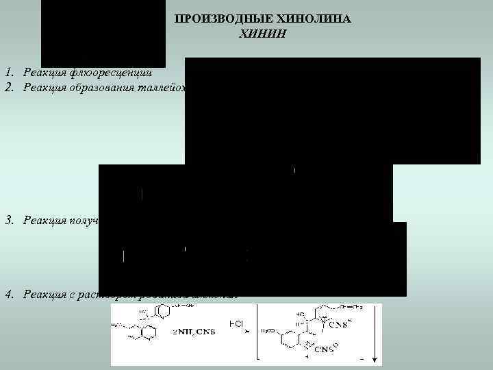 ПРОИЗВОДНЫЕ ХИНОЛИНА ХИНИН 1. Реакция флюоресценции 2. Реакция образования таллейохина 3. Реакция получения эритрохинина