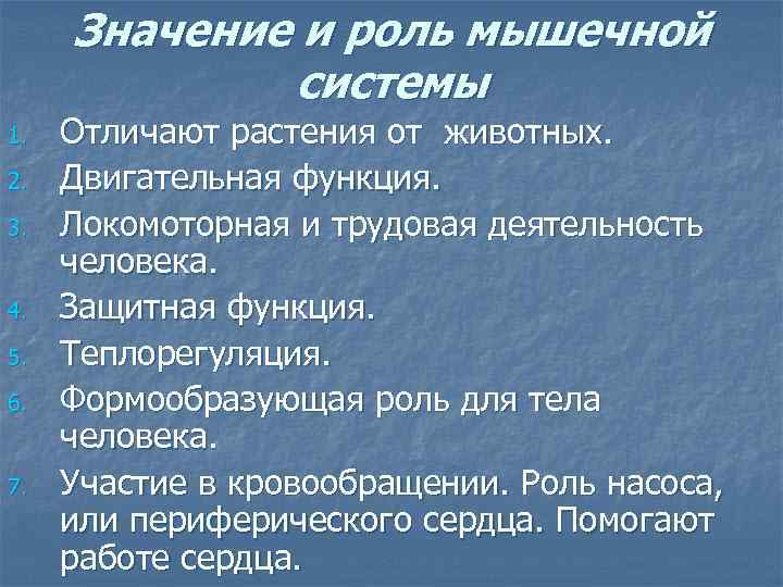 Значение и роль мышечной системы 1. 2. 3. 4. 5. 6. 7. Отличают растения
