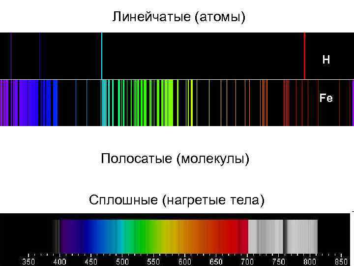 Линейчатые (атомы) H Fe Полосатые (молекулы) Сплошные (нагретые тела) 