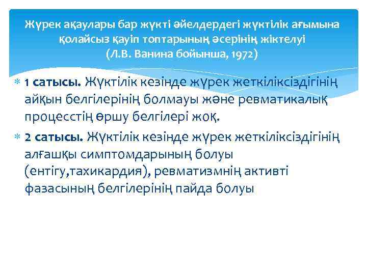 Жүрек ақаулары бар жүкті әйелдердегі жүктілік ағымына қолайсыз қауіп топтарының әсерінің жіктелуі (Л. В.