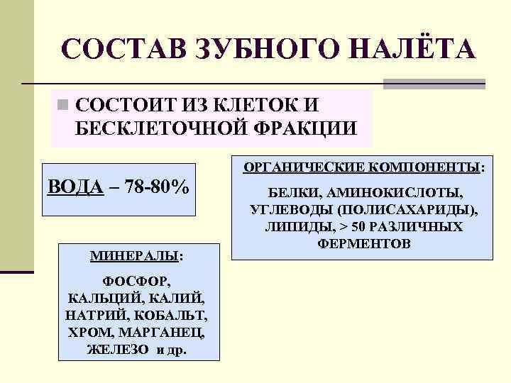 СОСТАВ ЗУБНОГО НАЛЁТА n СОСТОИТ ИЗ КЛЕТОК И БЕСКЛЕТОЧНОЙ ФРАКЦИИ ОРГАНИЧЕСКИЕ КОМПОНЕНТЫ: ВОДА –