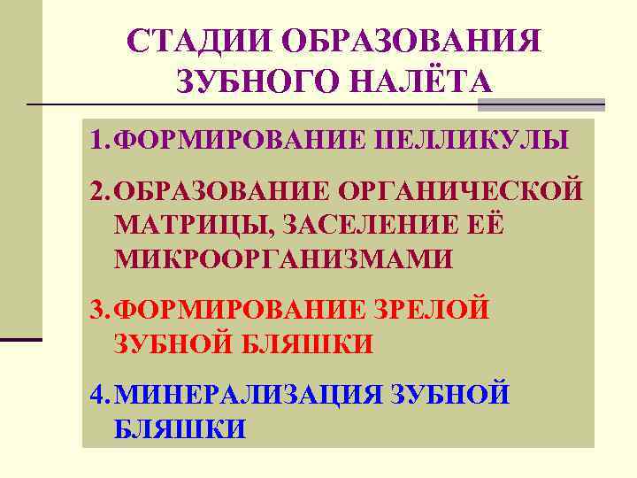 СТАДИИ ОБРАЗОВАНИЯ ЗУБНОГО НАЛЁТА 1. ФОРМИРОВАНИЕ ПЕЛЛИКУЛЫ 2. ОБРАЗОВАНИЕ ОРГАНИЧЕСКОЙ МАТРИЦЫ, ЗАСЕЛЕНИЕ ЕЁ МИКРООРГАНИЗМАМИ