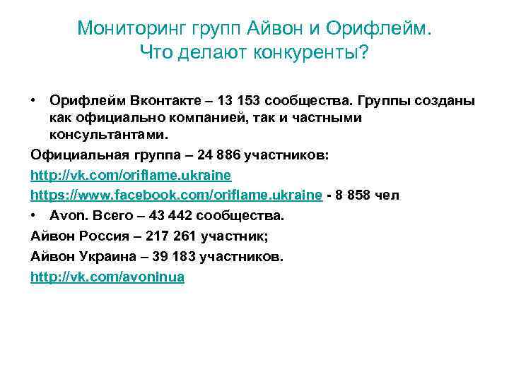 Мониторинг групп Айвон и Орифлейм.  Что делают конкуренты?  • Орифлейм Вконтакте