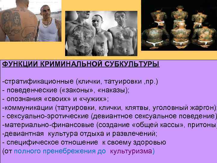 ФУНКЦИИ КРИМИНАЛЬНОЙ СУБКУЛЬТУРЫ -стратификационные (клички, татуировки , пр. ) - поведенческие ( «законы» ,