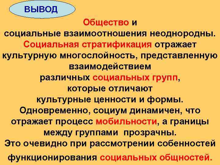   ВЫВОД   Общество и социальные взаимоотношения неоднородны.  Социальная стратификация отражает