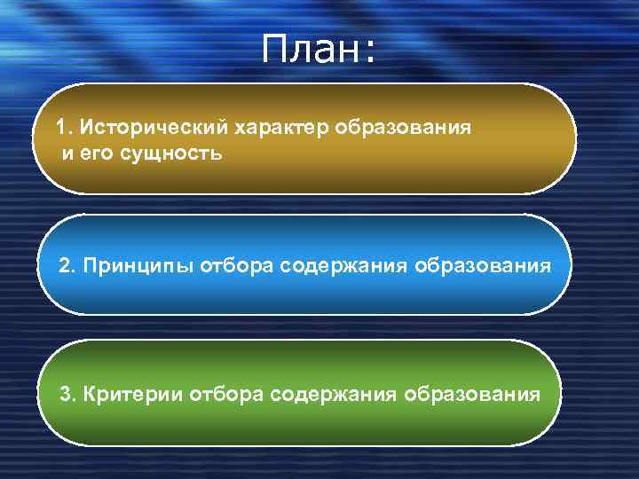    План: 1. Исторический характер образования и его сущность 2. Принципы отбора