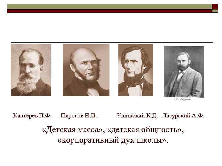 Каптерев П. Ф.  Пирогов Н. И.  Ушинский К. Д. Лазурский А. Ф.