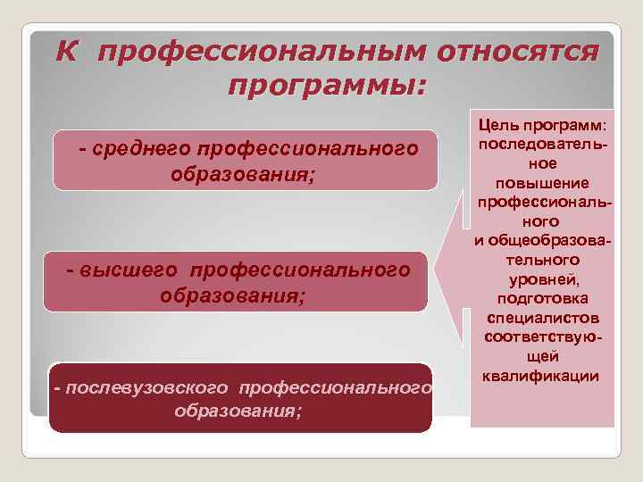 К профессиональным относятся   программы:    Цель программ:  - среднего