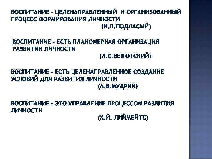 ВОСПИТАНИЕ – ЦЕЛЕНАПРАВЛЕННЫЙ И ОРГАНИЗОВАННЫЙ ПРОЦЕСС ФОРМИРОВАНИЯ ЛИЧНОСТИ     (И. П.