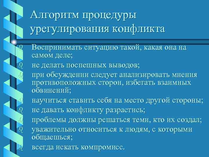   Алгоритм процедуры урегулирования конфликта b  Воспринимать ситуацию такой, какая она на