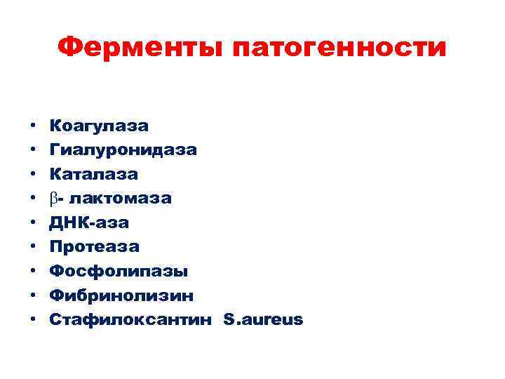 Ферменты патогенности • Коагулаза • Гиалуронидаза • Каталаза Ферменты патогенности • Коагулаза • Гиалуронидаза • Каталаза