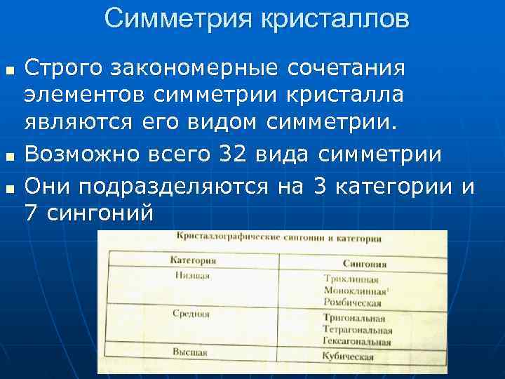 Симметрия кристаллов n Строго закономерные сочетания элементов симметрии кристалла являются Симметрия кристаллов n Строго закономерные сочетания элементов симметрии кристалла являются