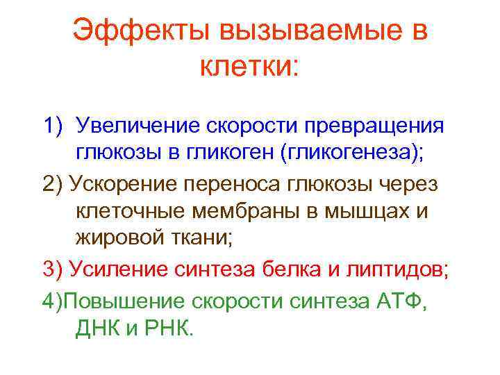  Эффекты вызываемые в   клетки: 1) Увеличение скорости превращения глюкозы в гликоген