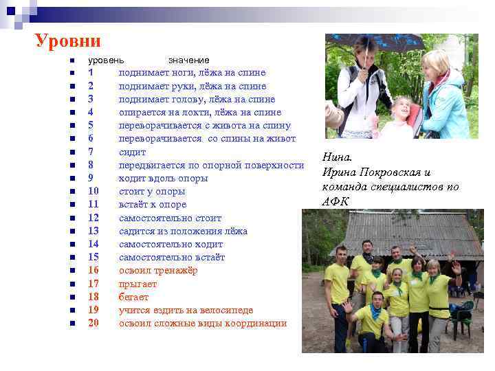 Уровни n n n n n n уровень значение 1 поднимает ноги, лёжа на