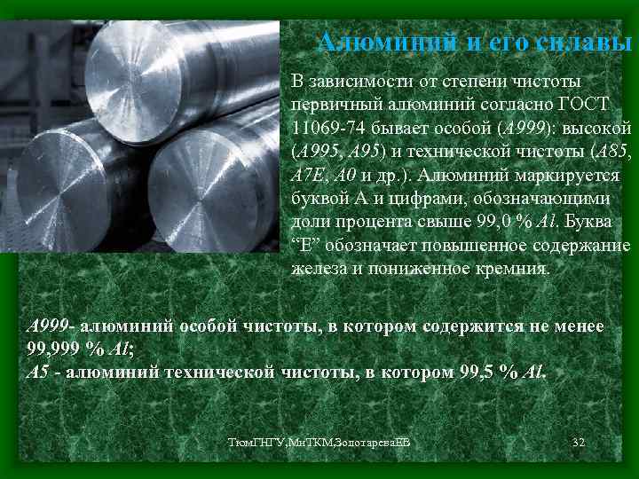 Алюминий и его сплавы В зависимости от степени чистоты первичный алюминий согласно ГОСТ 11069