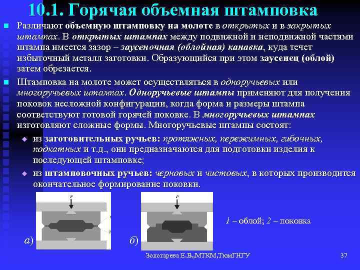 10. 1. Горячая объемная штамповка n n Различают объемную штамповку на молоте в открытых