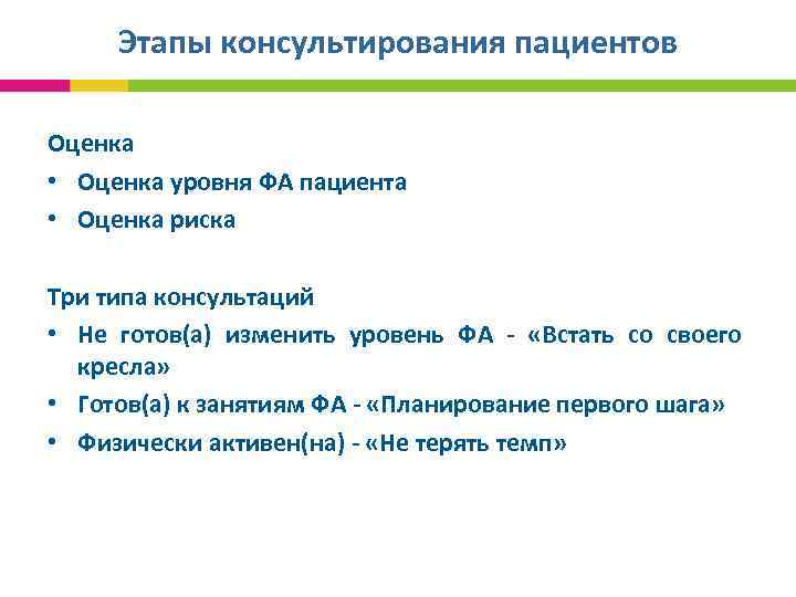 Этапы консультирования пациентов Оценка • Оценка уровня ФА пациента • Оценка риска Три типа