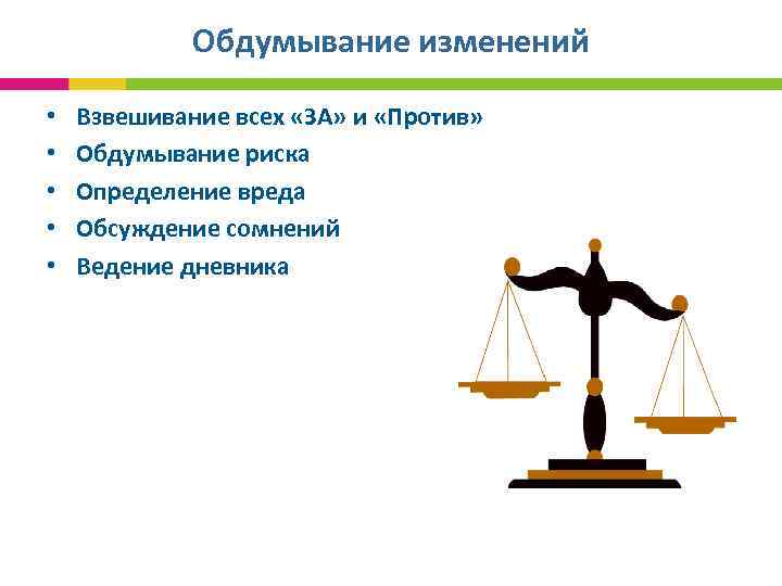 Обдумывание изменений • • • Взвешивание всех «ЗА» и «Против» Обдумывание риска Определение вреда
