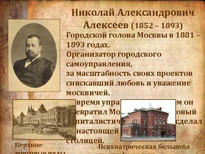 Николай Александрович Алексеев (1852 – 1893) Верхние Городской голова Москвы в 1881 – 1893