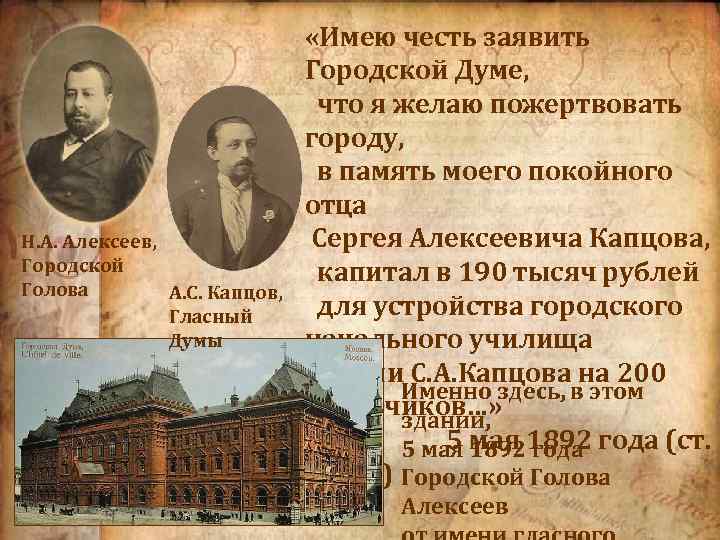 Н. А. Алексеев, Городской Голова А. С. Капцов, Гласный Думы «Имею честь заявить Городской