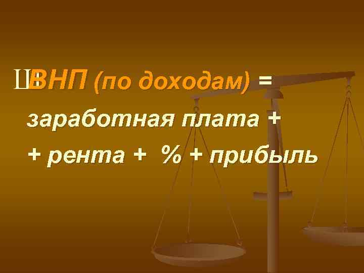 Ш ВНП (по доходам) = заработная плата + + рента + % + прибыль
