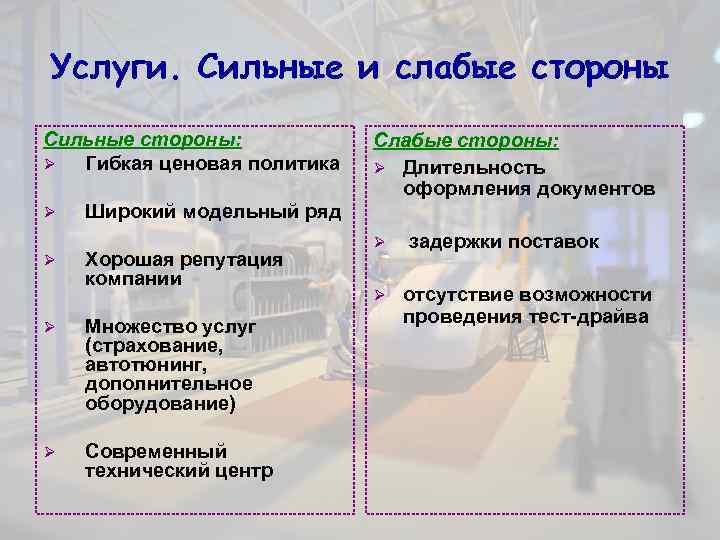 Услуги. Сильные и слабые стороны Сильные стороны:   Слабые стороны: Ø Гибкая ценовая