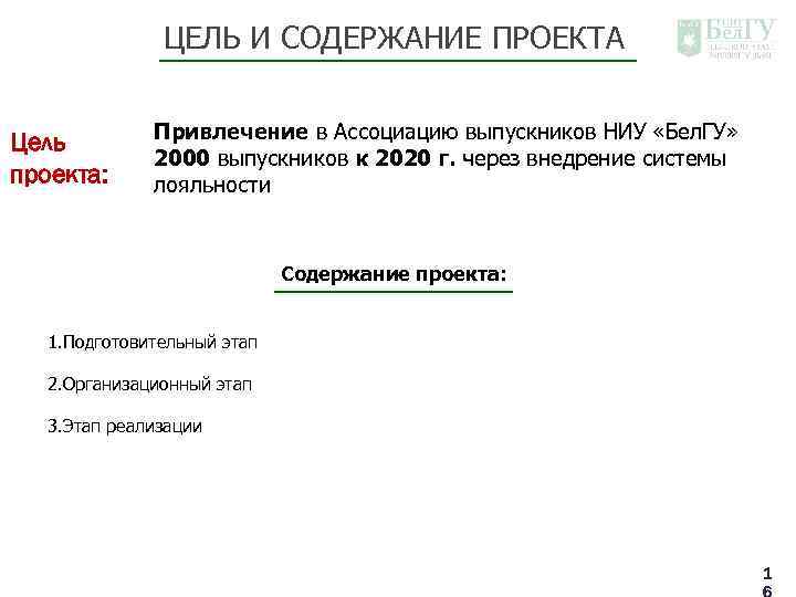 ЦЕЛЬ И СОДЕРЖАНИЕ ПРОЕКТА Цель проекта: Привлечение в Ассоциацию выпускников НИУ «Бел. ГУ» 2000