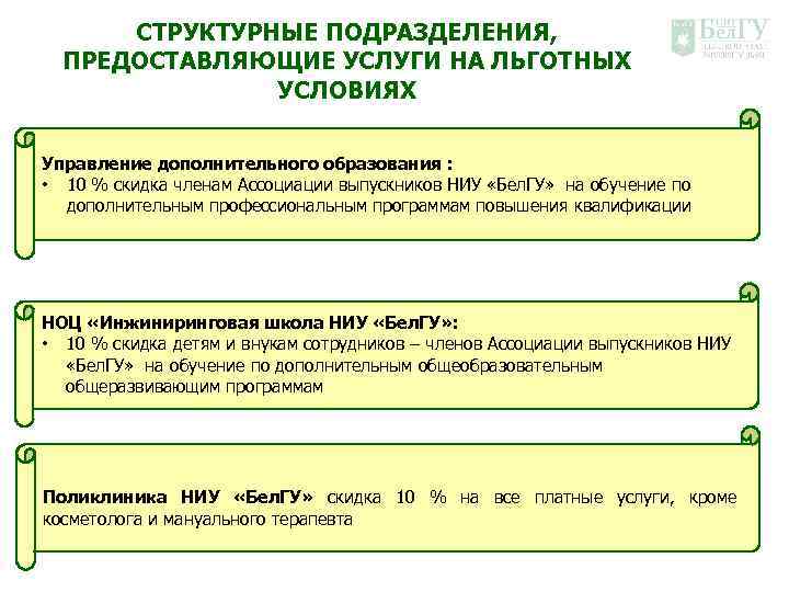СТРУКТУРНЫЕ ПОДРАЗДЕЛЕНИЯ, ПРЕДОСТАВЛЯЮЩИЕ УСЛУГИ НА ЛЬГОТНЫХ УСЛОВИЯХ Управление дополнительного образования : • 10 %