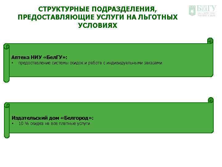СТРУКТУРНЫЕ ПОДРАЗДЕЛЕНИЯ, ПРЕДОСТАВЛЯЮЩИЕ УСЛУГИ НА ЛЬГОТНЫХ УСЛОВИЯХ Аптека НИУ «Бел. ГУ» : • предоставление