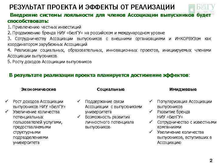 РЕЗУЛЬТАТ ПРОЕКТА И ЭФФЕКТЫ ОТ РЕАЛИЗАЦИИ Внедрение системы лояльности для членов Ассоциации выпускников будет