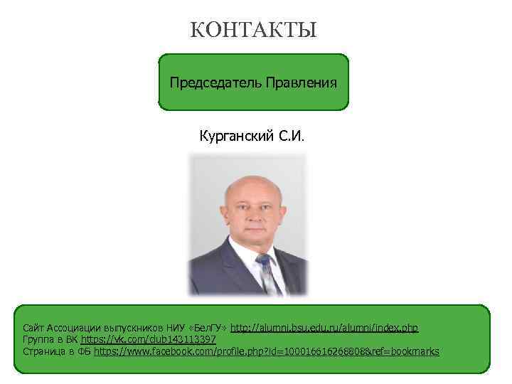 КОНТАКТЫ Председатель Правления Курганский С. И. Сайт Ассоциации выпускников НИУ «Бел. ГУ» http: //alumni.