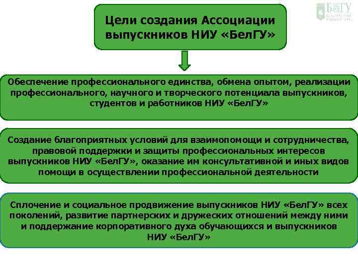 Цели создания Ассоциации выпускников НИУ «Бел. ГУ» Обеспечение профессионального единства, обмена опытом, реализации профессионального,