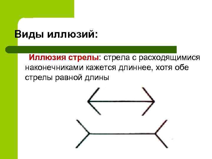 Виды иллюзий: Иллюзия стрелы: стрела с расходящимися наконечниками кажется длиннее, хотя обе стрелы равной