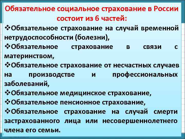 Обязательное социальное страхование в России    состоит из 6 частей: v. Обязательное