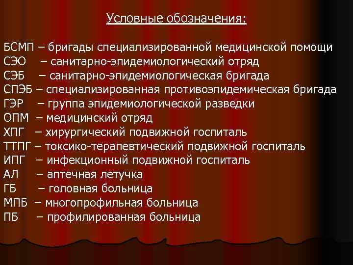     Условные обозначения:  БСМП – бригады специализированной медицинской помощи СЭО