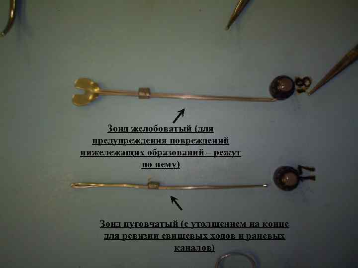 Зонд желобоватый (для предупреждения повреждений нижележащих образований – режут по нему) Зонд пуговчатый (с